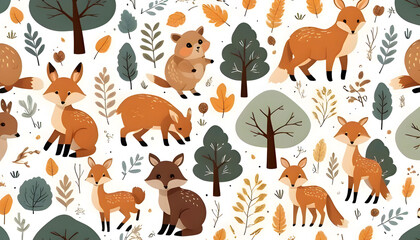 Seamless pattern with cute foxes with autumn leaves. Hand-drawn childish background with wild animals in the forest. Endless kid's texture for apparel, textile,s and prints. vector illustration