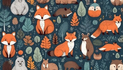 Wall Mural - seamless pattern with hand-drawn wild forest animals and trees.