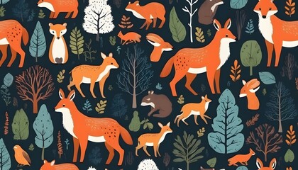 Wall Mural - Seamless pattern with cute foxes with autumn leaves. Hand-drawn childish background with wild animals in the forest. Endless kid's texture for apparel, textiles, and prints.