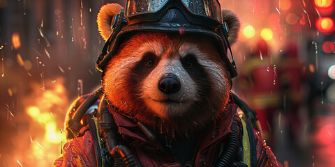 Brave Red Panda Firefighter in Fiery Battle: Courageous Heroic Rescue Banner