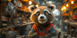 Adventurous Animated Raccoon Ready for Action in a Mechanic Workshop Banner