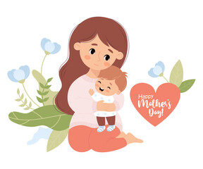 Wall Mural - Cute mother with her smiling little son. Holiday postcard happy Mothers day. Vector illustration