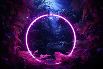 Poster - Neon circle surrounded by leaves and greenery, in the style of light violet, cinematic composition, deco-pop style