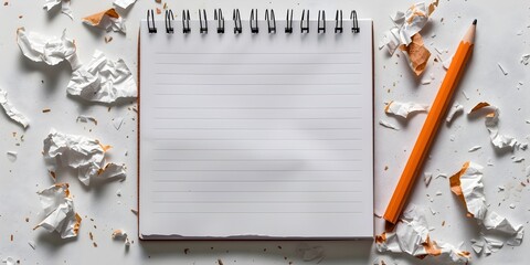 Poster - notepad jotting down breakthrough ideas on white background with copy space for creative and innovat