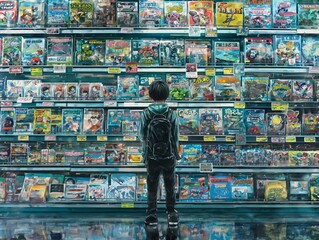 Wall Mural - A boy stands in front of a shelf of books, looking at them. Concept of curiosity and wonder as the boy explores the vast selection of books