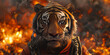 Intense Tiger Warrior Amidst Fiery Blaze Banner: A Majestic and Powerful Vision