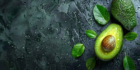 Sticker - A close-up image of a fresh green avocado half with its seed and leaves unaffected by the popularity of guacamole The avocado is surrounded by water