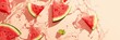 Fresh ripe sliced watermelon slices in splashes of water, healthy fruit, banner