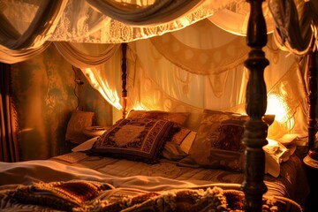 Wall Mural - bed with suspended canopy and ornate throw pillows, soft lighting