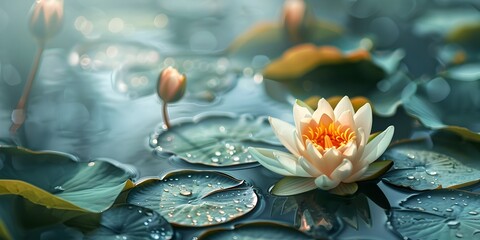 Poster - Serene Lotus Flower Floating Above the Tranquil Pond Surrounded by Verdant Leaves and Calm Reflections in the Placid Water