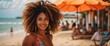 portrait of attractive, dark-skinned tropical woman on a paradise beach enjoying vacation