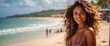 portrait of attractive, dark-skinned tropical woman on a paradise beach enjoying vacation
