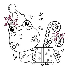 Sticker - Christmas frog with gift box with striped candy with holly. Cute outline holiday winter animal kawaii character. Line drawing, coloring book. Vector illustration. Kids collection.