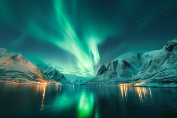 Wall Mural - Beautiful northern lights over the lake, wide angle view