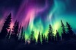 colorful aurora borealis display above dense wilderness at night