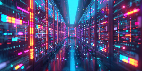 Poster - A data center with rows of virtual machines, Computer networking server room in office