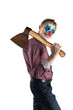 Man in a clown mask holds a rusty big ax on his shoulder. Isolated on a white background.