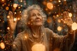 Magical moment with elegant senior woman floating in a sparkling fantasy setting