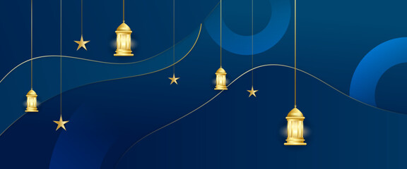 Poster - Blue and gold vector luxury and modern islamic arabic banner with lamp and mandala ornament. For greeting card, advertising, discount, poster, background and banner
