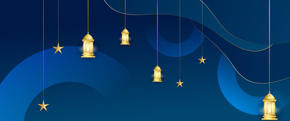 Poster - Blue and gold vector luxury islamic banner with lamp and mandala ornament. For greeting card, advertising, discount, poster, background and banner