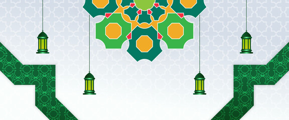 Poster - Orange green and white vector luxury and modern islamic arabic banner with lamp and mandala ornament. For greeting card, advertising, discount, poster, background and banner