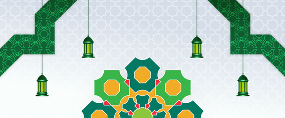 Wall Mural - Orange green and white vector islamic ramadan kareem modern simple ramadan banner with lamp and mandala ornament. For greeting card, advertising, discount, poster, background and banner