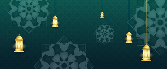 Poster - Green white and gold ramadan kareem traditional islamic festival religious banner with lamp and mandala ornament. For greeting card, advertising, discount, poster, background and banner