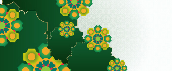 Poster - Orange green and white vector luxury islamic banner with lamp and mandala ornament. For greeting card, advertising, discount, poster, background and banner