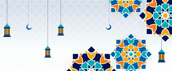 Poster - White orange and blue vector luxury islamic banner with lamp and mandala ornament. For greeting card, advertising, discount, poster, background and banner