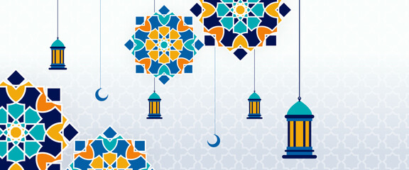 Poster - White orange and blue vector luxury and modern islamic arabic banner with lamp and mandala ornament. For greeting card, advertising, discount, poster, background and banner
