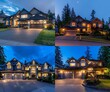 A large two story house with three car garage in the Pacific Northwest at night, well lit front yard and driveway, suburban home exterior,