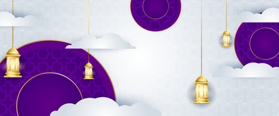 Poster - Gold white and purple violet vector luxury and modern islamic arabic banner with lamp and mandala ornament. For greeting card, advertising, discount, poster, background and banner