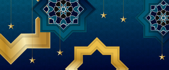 Poster - Blue and gold vector luxury islamic banner with lamp and mandala ornament. For greeting card, advertising, discount, poster, background and banner