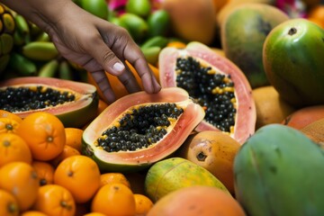 Wall Mural - a heap of tropical fruits with a hand reaching for a papaya