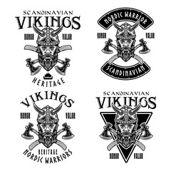 Wall Mural - Viking head and crossed axes set of vector emblems, labels, badges or prints in monochrome style isolated on white background