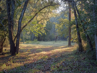  A gently lit path through the woods, capturing the quiet and solitude of nature in the early morning light