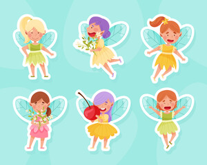 Poster - Little Girl Fairy Flying with Wings Vector Sticker Set