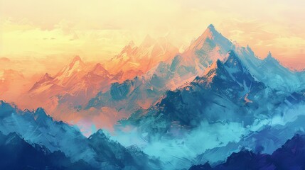 Wall Mural - Soothing Sunrise Peaks: image of mountain peaks bathed in the gentle light of sunrise, with pastel hues of peach, coral, and soft yellow painting the sky.