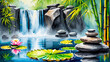 Watercolor painting of waterfall and lotus flower in the pond.