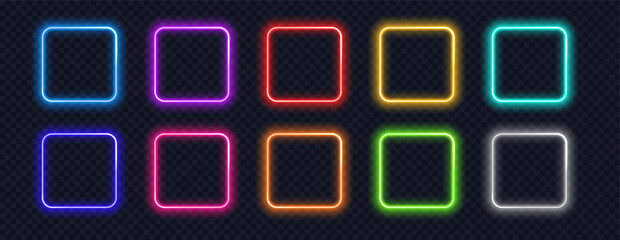 Poster - Neon square frame set realistic. Colorful glowing rectangle borders isolated. Action button UI elements with copy space.