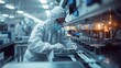 © Georgii - Research scientist in sterile suit and protective glasses working in clean manufacturing laboratory. Product manufacturing process: pharmaceutics, semiconductors, computer chips.