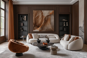 Wall Mural - Stylish minimalist living room interior of modern apartment in natural colors. Comfortable upholstered furniture, coffee table, shelves with decor, abstract painting on the wall, large window.