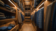 © Ulubek - Bright stylish men's walk in closet in modern luxury villa or apartment. Wooden floor and cabinets, neatly hung outerwear, knitwear laid out on shelves, shoes arranged.
