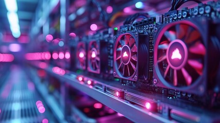 Wall Mural - Automated assembly line for electronic devices and gadgets in a modern hi-tech facility. Conveyor in a bright modern industrial workshop. Close-up of circuit plates with cooler fans.