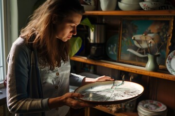 Canvas Print - woman inspecting a cracked serving platter