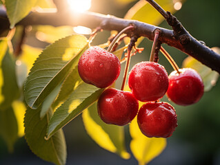 Wall Mural - Image of a flourishing cherry orchard with vibrant leaves. Golden hour in the evening.