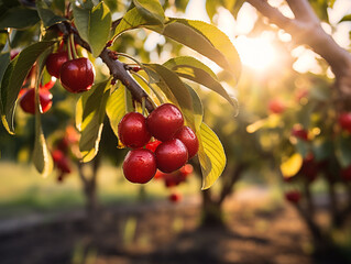 Wall Mural - Image of a flourishing cherry orchard with vibrant leaves. Golden hour in the evening.