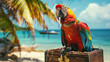 A vivid and colorful parrot perched on an open treasure chest on a tropical beach, evoking a sense of adventure and discovery