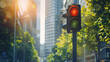 Traffic light in the central area of the business and financial city. Copy space. Blurred background