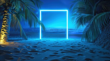 Wall Mural - Door to the sea. Illuminated square frame on beach sand and palm avenue